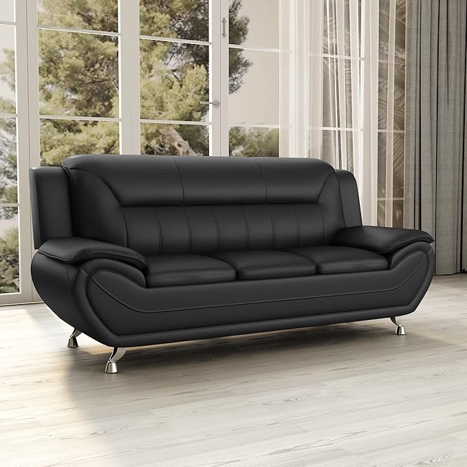 Container Furniture Direct Michael Modern Faux Leather Upholstered Stainless Steel Legs Living Room Sofa, Black