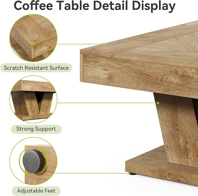 LITTLE TREE Square Coffee Table, Modern Rustic Coffee Table for Living Room, Wooden Table with Adjustable Feet, Oak