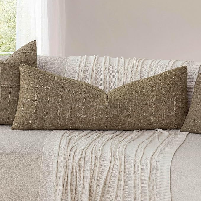 Foindtower Set of 2 Decorative Linen Check Throw Pillow Covers Neutral Long Body Lumbar Cushion Covers Farmhouse Vintage Boho Home Decor For Sofa Chair Couch Bedroom Living Room,14×36 Inch,Light Brown