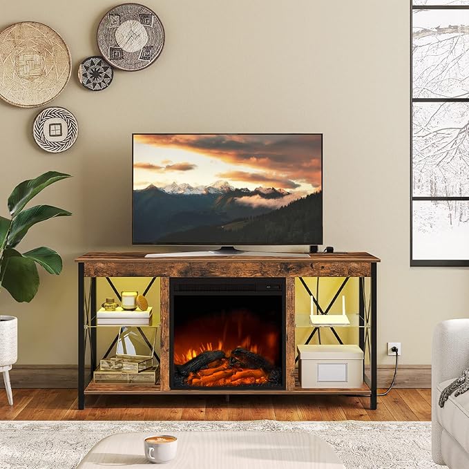 HOOBRO Fireplace TV Stand with Charging Station and LED Lights, TV Stand with Fireplace for TVs up to 55", Entertainment Center with Fireplace, Glass Shelves, Rustic Brown and Black BF120UDDS01