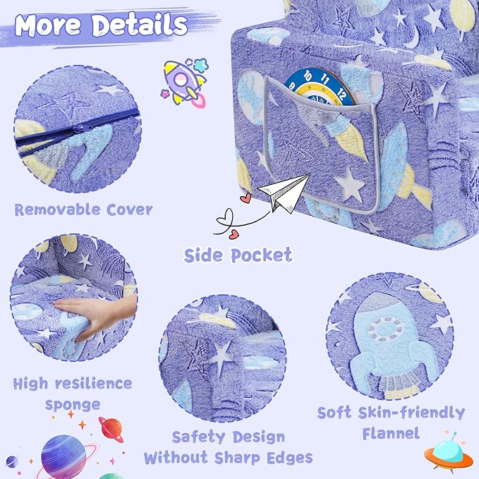 Toddler Couch,Toddler Chair,2-in-1 Baby Seat Furniture Fold Out, Convertible Sofa to Lounger Comfy Glow in The Dark Sofa Bed,Gifts for Kids Girl Boys,Rocket,Medium