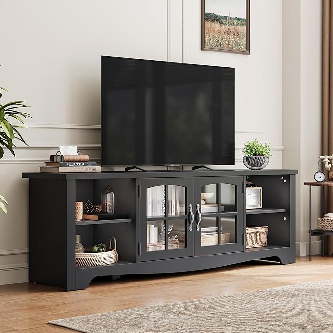LINSY HOME TV Stand for 75 Inch TV, Modern Farmhouse Entertainment Center with Storage Cabinets and Glass Doors, Tall Media Console Table for Living Room, Bedroom, Large Long Television Stand, Black
