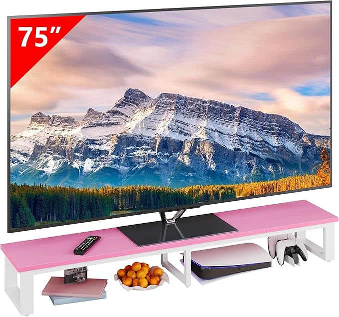 Clikuutory 59" Large TV Riser for 32-75 inch TVs, Tabletop Stand with Steel Legs, Storage & Dual - Screen Office Desk Function, Ideal for Home Office, Bedroom, Living Room, Pink