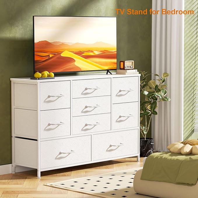 Furnulem Dresser for Bedroom with 9 Fabric Drawers for 55'' Long TV Stand Entertainment Center & Chests of Drawers, Wide Dresser Storage for Living Room, Dorm, Entryway, Sturdy Metal Frame, White