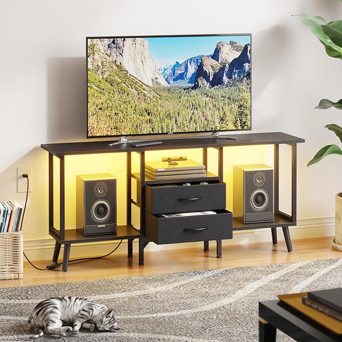 Small TV Stand with Fabric Drawers/LED Light for 55 inch TV, Entertainment Center with Storage Open Shelves，Media Console Table for Living Room, Bedroom, Black