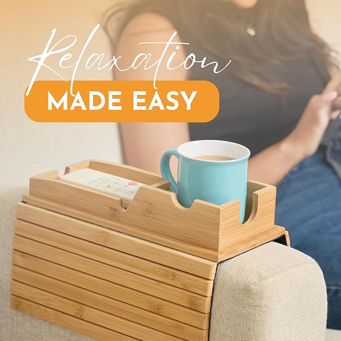 Couch Cup Holder Tray - Portable Sofa Arm Tray Table - Anti-Spill Armchair Caddy Couch Arm Table Snack Organizer with Removable Tray - Remote Control Holder Perfect for Cups, Snacks, Phone