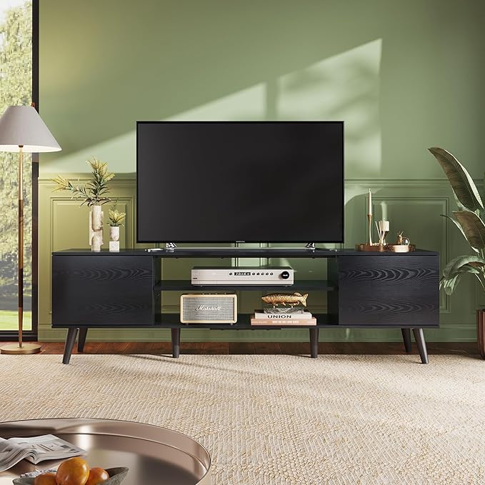 WLIVE TV Stand for 65 70 inch TV, Entertainment Center with Storage Cabinets, Rustic TV Console for Living Room Decor, Black