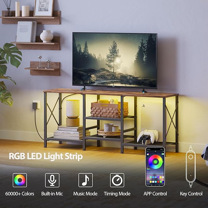 TV Stand with LED Lights for 55 Inch TV, Entertainment Center with 3-Tier Open Shelves, TV Console Table for Living Room, Bedroom, Rustic Brown