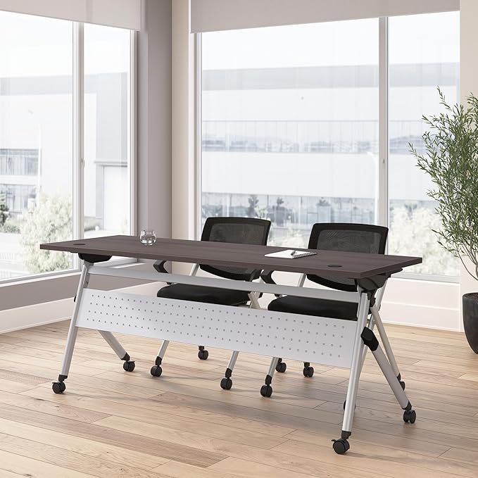 Bush Business Furniture Folding Training Table Set for 2, 72 inch, 2 Mesh Back Folding Chairs with Arms, Commercial-Grade Bundle for Office or Classroom, Envision Collection, Gray
