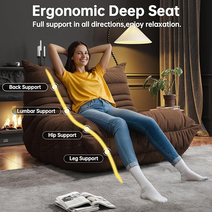 Bean Bag Chairs for Adults, BeanBag Reading Chair Memory Foam Couch, Floor Chair Soft Teddy Material, Comfy Reading Nook Chairs for Bedroom Living Room Office (Brown)