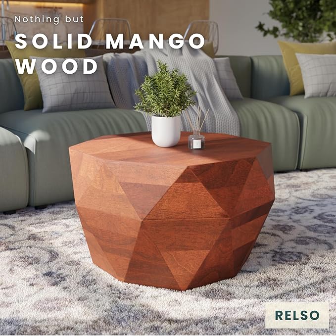 Octavian Coffee Table - Solid Wood Round Drum Center Table for Living Room with Geometric Faceted Design | Walnut Finish Accent Table, Modern Decor, Farmhouse Table | No Assembly Required (18 inch H)