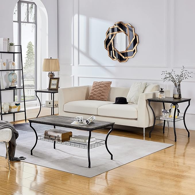 VECELO 3 Pieces Living Room Table Sets, Coffee and End Tables with Open Storage Shelves for Apartment, Home Office, Small Space, Easy Assembly, Grey Oak