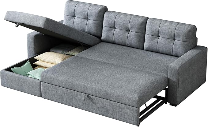 Ball & Cast L-Shape Reversible Sectional Sleeper Sofa Bed,Linen Upholstered 4 in 1 Pull Out Couch with Storage Chaise & Removable Back Cushions,Convertible Corner Sectionals for Living Room,Office