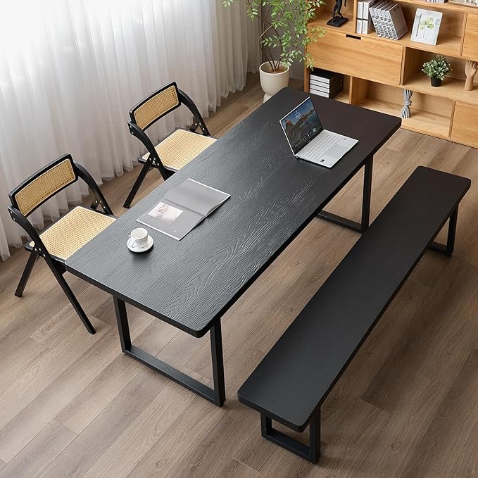 Modern Solid Wood Dining Table with Metal Base Stylish Durable Dining Room Table in Black Multiple Sizes Home Use Office Desk(62.99in)