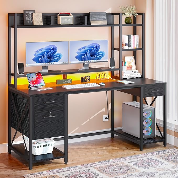 DWVO Computer Desk with Drawers & Hutch, 59.1" Office Desk with Power Outlets & LED Lights, Home Office Desk with Storage Shelves, Black