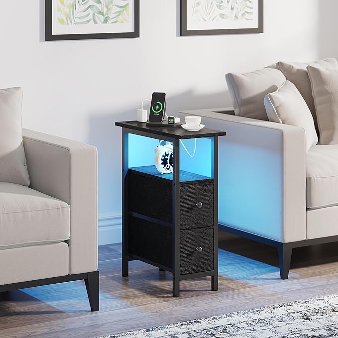 End Table Set 2 with Charging Station, Narrow Side Table with 2 Fabric Drawers, Skinny Nightstand with LED Light, Slim Bedside Table for Bedroom, Living Room, Small Spaces, Black