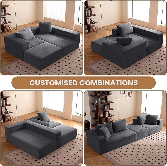 Modular Sectional Sofa, 108" L-Shaped Boneless Couch with Deep Seat, Corduroy Cloud Couch for Living Room, Bedroom, No Assembly Required, Ship in a Box, Grey