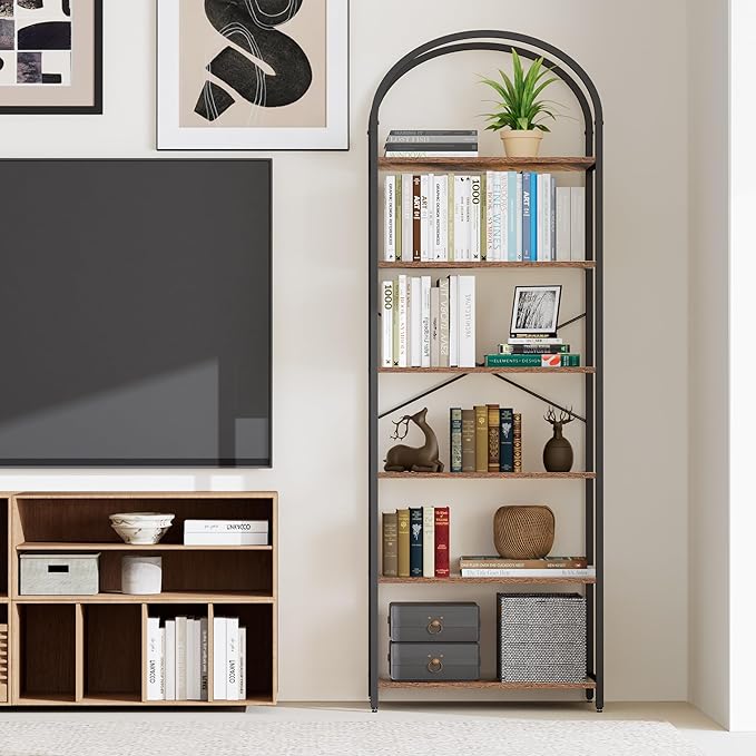 Homhedy 6-Tier Bookshelf Arched Display Racks, Wood and Metal Bookcase, Tall Bookshelf, Industrial Display Standing Shelf Unit, for Home Office, Living Room, Bedroom, Bathroom, Rustic Brown