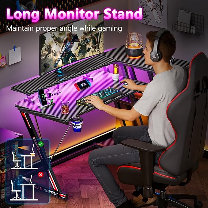 47 Inch Gaming Desk with Power Outlet & LED Lights, Corner Computer Desk with 3 Tiers Storage Shelves, Home Office Desk with Monitor Stand for Small Space, Carbon Fiber Black