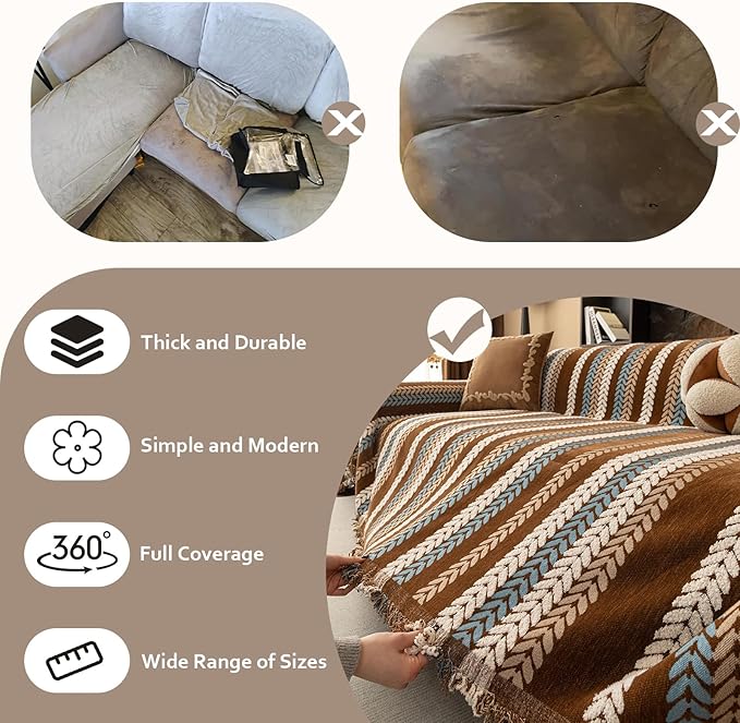 STACYPIK Khaki Jacquard Leaves Sofa Cover, Vintage Couch Cover for Dogs, Washable Pet Protector for 3 Cushion Couch, Non-slip Chenille Sofa Covers for Loveseat, Boho Couch Cover for Sectional-71X150IN