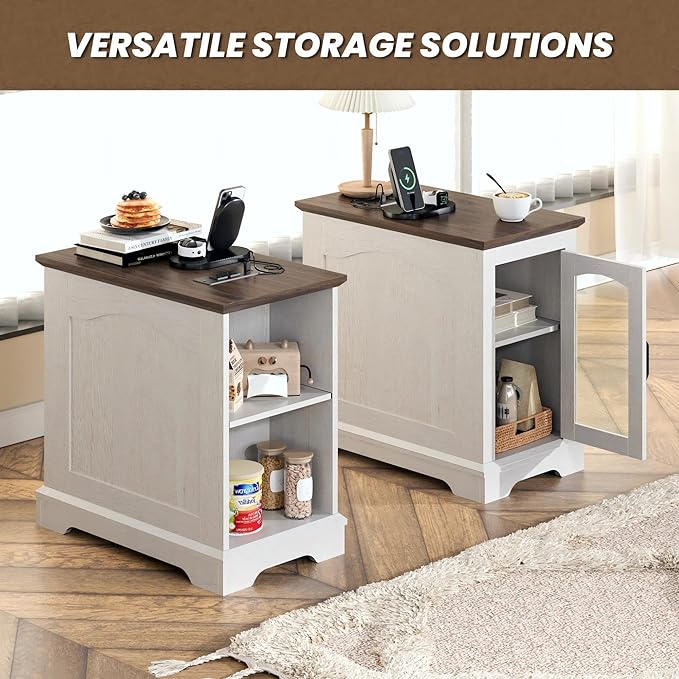 End Tables Set of 2 with Charging Station,13.8"W Narrow Side Table with Storage for Sofa Couch or Bed Side with Outlets & USB Ports, Farmhouse Nightstand with Glass Door for Bedroom Livingroom
