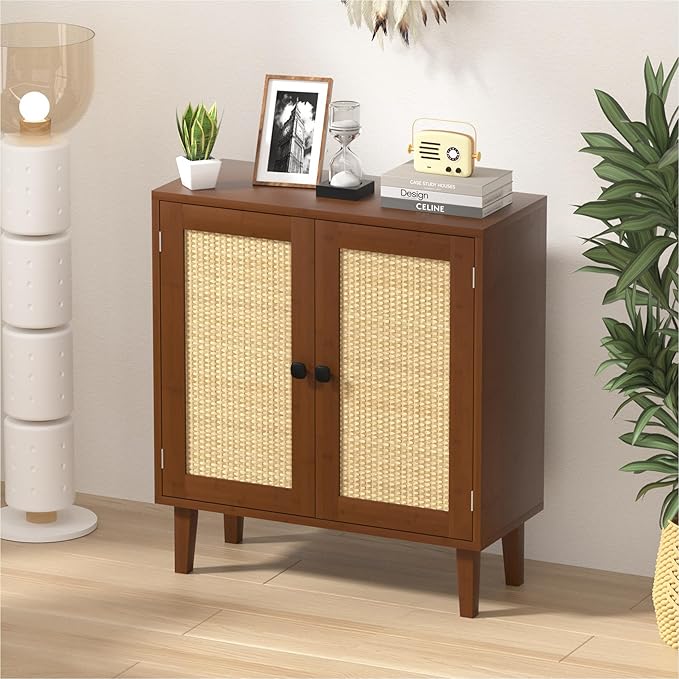 Bamboo Sideboard Buffet Cabinet with Rattan 2 Doors Kitchen Cupboard Accent Entryway Living Room Cabinet Chestnut Brown