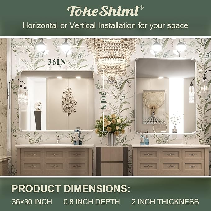 TokeShimi 30 x 36 Inch Brushed Silver Bathroom Mirror for Wall Brushed Brass Metal Rounded Corner Rectangle Mirror Metal Frame Deep Set Design Hangs Horizontal Or Vertical