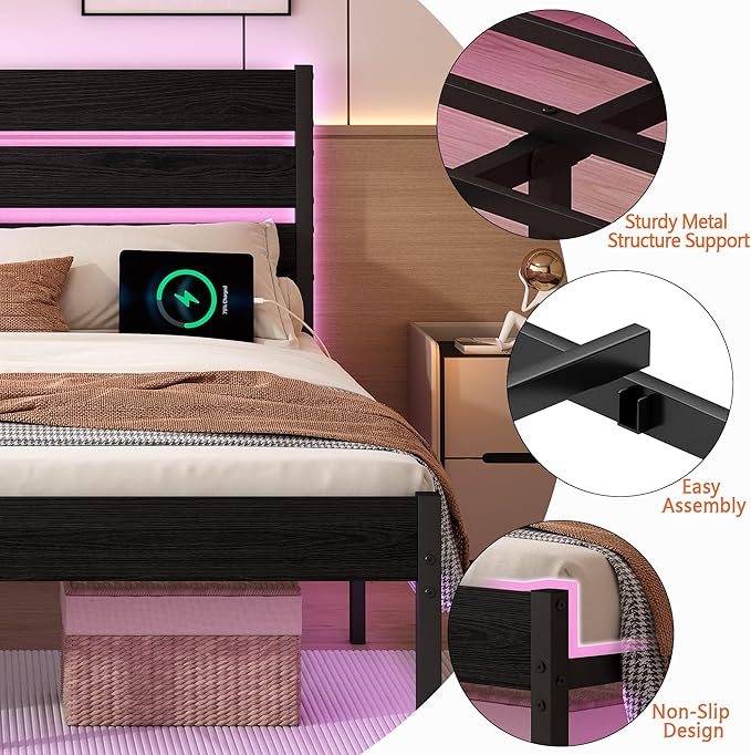 Twin Bed Frame with Headboard,Heavy Duty LED Bed Frame with USB Charging Station,Mattress Foundation-Under Bed Storage, No Box Spring Needed, Noise Free，Black