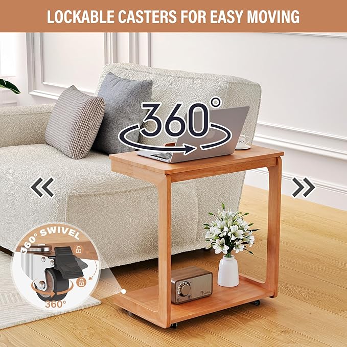 CozyDH Adjustable C Shaped End Table, Rolling Side Table Solid Wood TV Sofa Tray Table for Couch Arm Eating Multi-Purpose, Small Coffee Table with Wheels Living Room Bedroom, Cherry