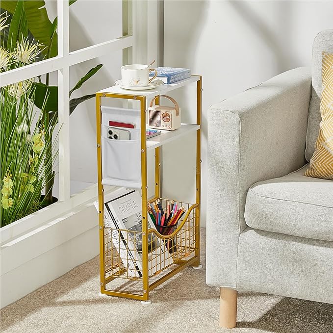 Narrow Side Table, Skinny Small End Tables with Magazine Holder, 3 Tier Small Sofa Side Table for Smalls Spaces, Sofa Couch Tables Bedside Table for Living Room Bedroom Office