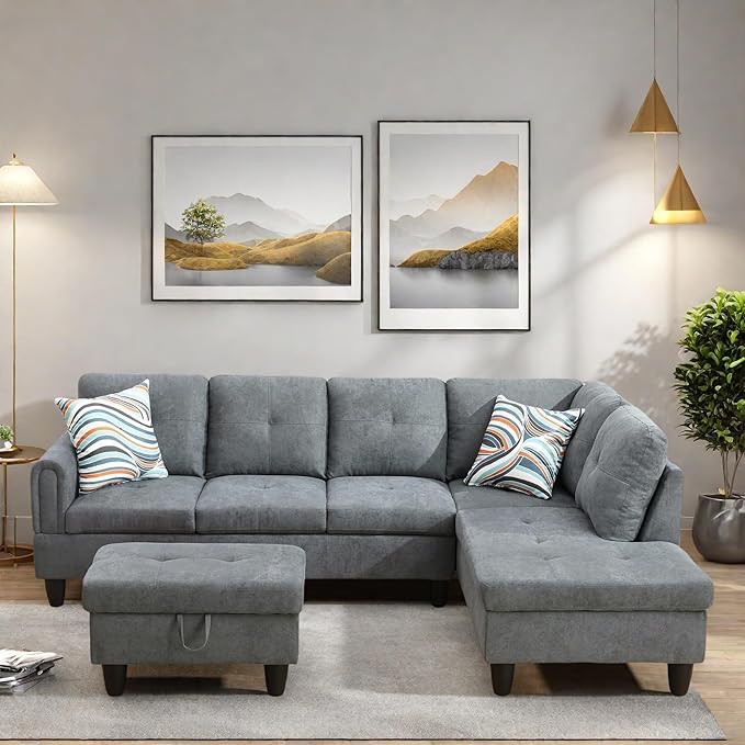 L Shaped Sectional Couches, Modern Modular Sectional Sofa for Living Room Bedroom Furniture, Comfortable 4 Seat Couch with Ottoman Storage & Chaise, Gray