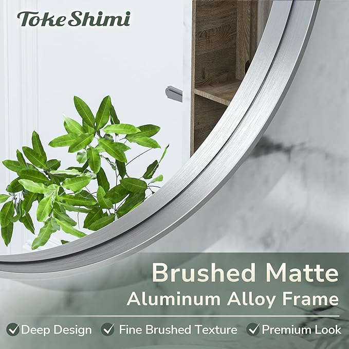 TokeShimi Round Mirror 36 Inch Brushed Silver Round Bathroom Mirror for Wall Non-Rusting Aluminum Alloy Brushed Silver Matte Metal Frame Modern Circle Mirror Fit in Minimalist Multi Style for Decor