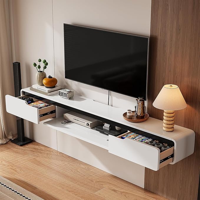 Fully-Assembled Floating TV Stand, 47IN High Gloss Wall Mounted Entertainment Center, Modern Media Console with Storage, Under TV Shelf for Bedroom Living Room White