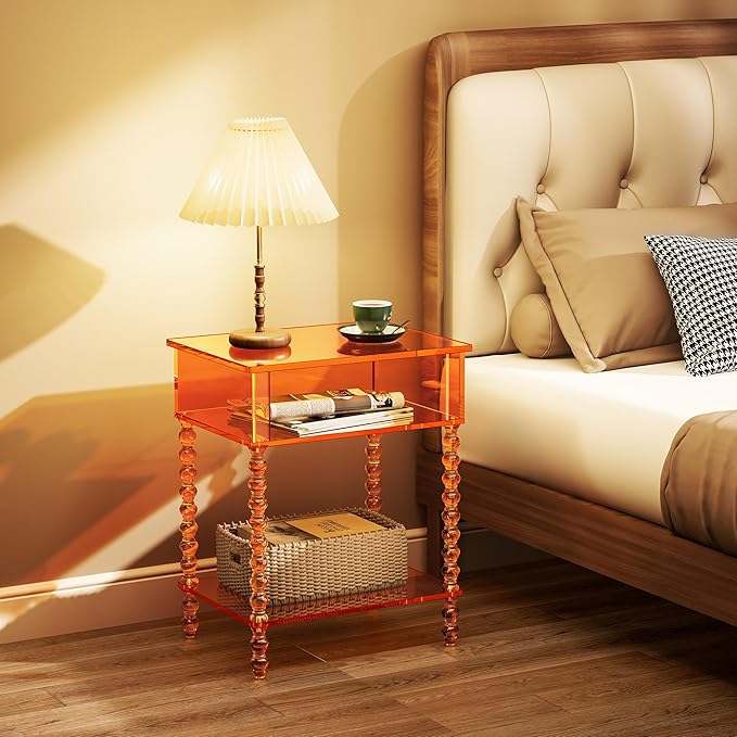 Acrylic Side Table, Clear 3-Tier End Table with Storage, Nightstand for Living Room, Bedroom, Office (Orange, 11.8 ×15.7 × 19.7)