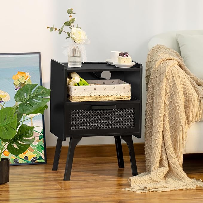 Lerliuo Rattan Nightstand with Charging Station, Side Table with Drawer Open Shelf, Cane Bedside End Table with Solid Wood Legs, Mid Century Night Stand for Bedroom, Dorm and Small Spaces (Black)