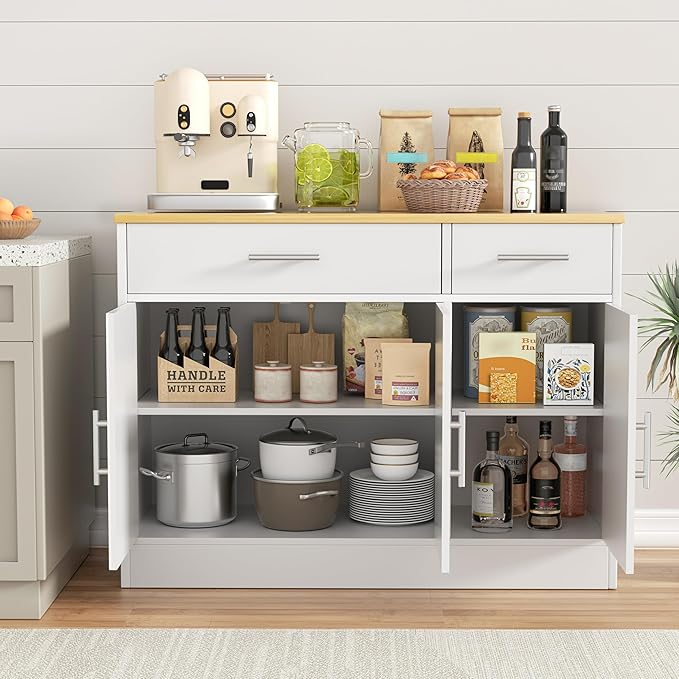 Shintenchi 3 Doors Farmhouse Sideboard Buffet Cabinet,42" Barn Doors Buffet Cabinet with Storage,Wood Coffee Bar Cabinet with Adjustable Shelf for Kitchen,Living Room,White