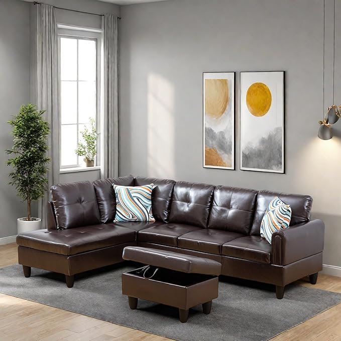 L Shaped Sectional Couches, Modular Sectional Modern Sofa for Living Room Bedroom Furniture, Comfy 4 Seat Couch with Ottoman Storage & Chaise, Brown
