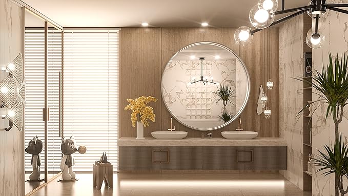TokeShimi Round Mirror 36 Inch Brushed Silver Round Bathroom Mirror for Wall Non-Rusting Aluminum Alloy Brushed Silver Matte Metal Frame Modern Circle Mirror Fit in Minimalist Multi Style for Decor