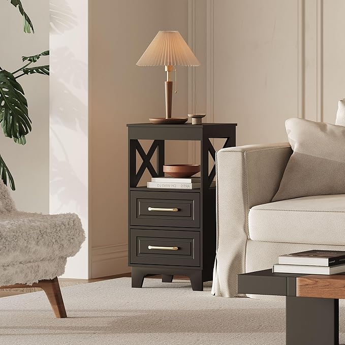 Tall Nightstand Set of 2 Side Table with 2 Drawers Modern Night Stand Wooden End Table Bedside Table with Upper Open Shelf Solid Feet for Bedroom, Living Room, Black