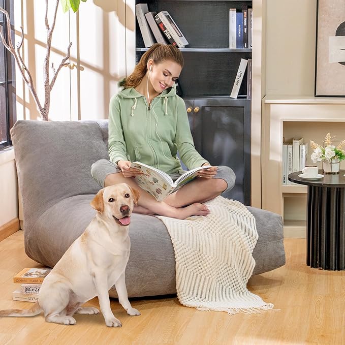 Bean Bag Chairs for Adults, Memory Foam Bean Bag Chair, Spacious Single Sofa, Ergonomic Support Reading Floor Sofa Chair with Filler, Comfy Cozy Beanbag Couch for Bedroom Living Room (Grey)