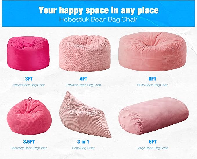 Hobestluk 6FT Bean Bag Chair Large Beanbag Lounger with Removable Cover Adult Bean Bag Chair with Portable Handle Desgin for Living Room Bedroom (Pink, 6FT)