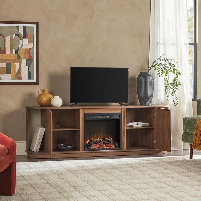 Walker Edison Chloe Reeded TV Stand with Fireplace Insert, 75 Inch, 70 Inch, Mocha