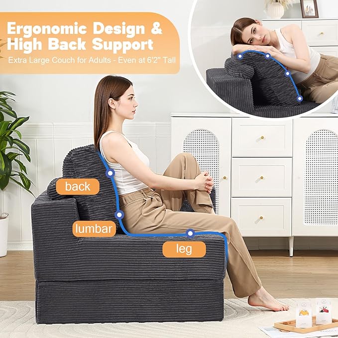 MeMoreCool Convertible Sofa Bed Foldable Boneless Couch, Folding Sleeper Chair Bed with L-Shaped Armrest, Comfy Floor Lounge Couch for Adults, Fold Out Single Sofa Chair Futon for Indoor Bedroom