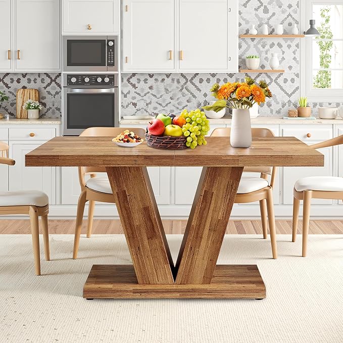 Dining Table for 4-6, 47" Farmhouse Dinner Table with with Wooden Tabletop and Heavy Duty Pedestal Wooden Rectangular Kitchen Tables for Dining Room, Kitchen, Living Room, Walnut Brown
