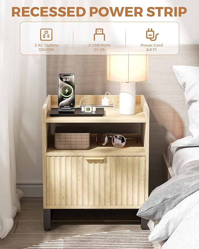 Fluted Night Stand Set 2 with Charging Station, Wood Nightstand with Large Drawer and Open Storage Cabinet, Mid-Century Modern Bedside Table End Table for Bedroom Closet Office