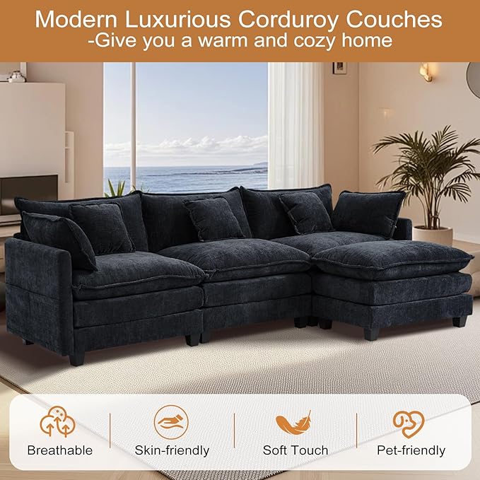 Furniliving 112‘’ L-Shaped Sofa, Luxury Chenille Modular Sectional Couches with Ottoman, Upholstered Deep Seat Sleeper Sofa with Memory Foam and Waist Pillows, Black