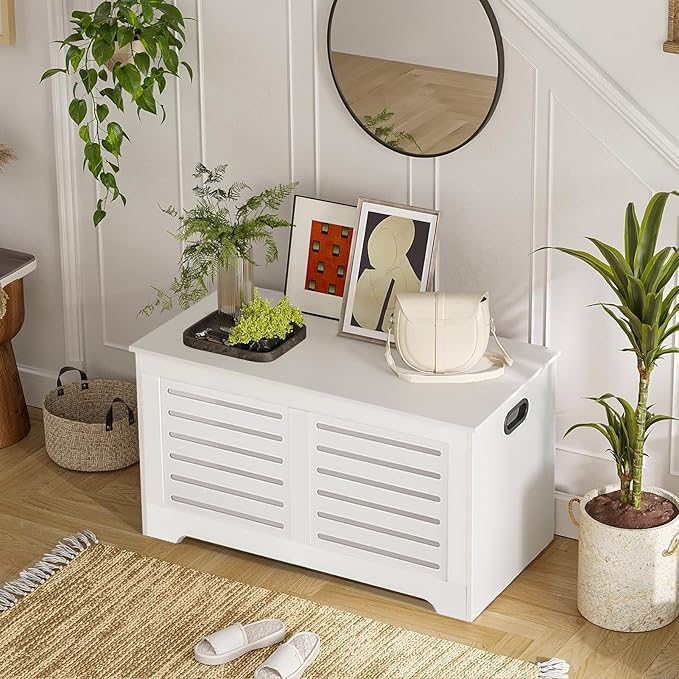 DINZI LVJ Storage Chest, Flip-top Wooden Toy Box Organizer with 2 Safety Hinges, Entryway Shoe Bench, Good Ventilation, Storage Bench for Living Room, Bedroom, Easy Assembly, White