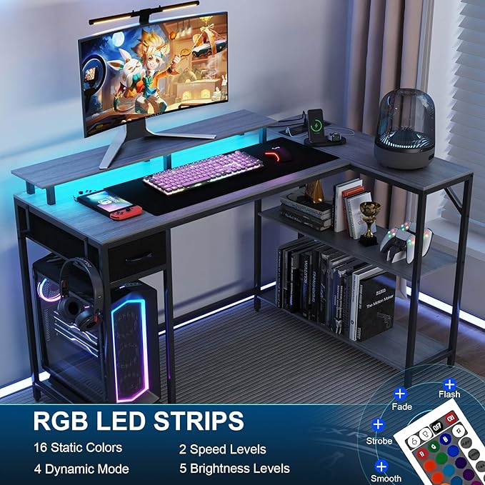 47" L Shaped Computer Desk with Power Outlet & LED Light, Gaming Desk with Hook & Monitor Stand, Reversible L Shaped Desk with Drawer and Storage Shelves for Home Office
