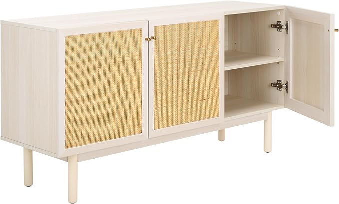 SAFAVIEH Aino TV Stand for up to 60" Flatscreen – Bleached White with Natural Rattan Mesh, 3 Doors with Interior Storage, Sideboard Cabinet, Entertainment Media Console (MED9618C)