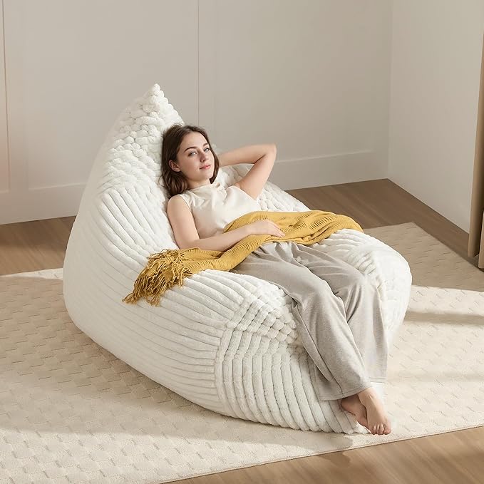 3-in-1 Giant Bean Bag Chair for Adults & Kid, Convertible Floor Sofa to Mattress, High-Density Foam Chair Bed with Washable Cover, Multi Functional Lounge Couch for Bedroom, Living Room (Beige)
